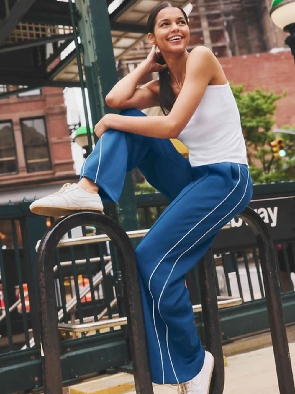 ATHLETA Venice High Rise Track Stripe Wide Leg Pant Maritime Blue Women’s Large